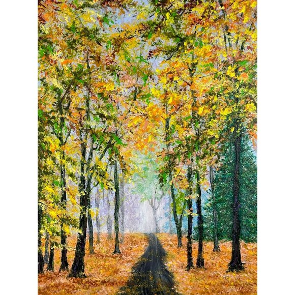 Falling into Autumn, 9 x 12 Acrylic Painting, Fall Theme Landscape Artwork - Picture 1 of 5